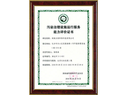 污染治理設(shè)施運(yùn)行服務(wù)能力評價(jià)證書